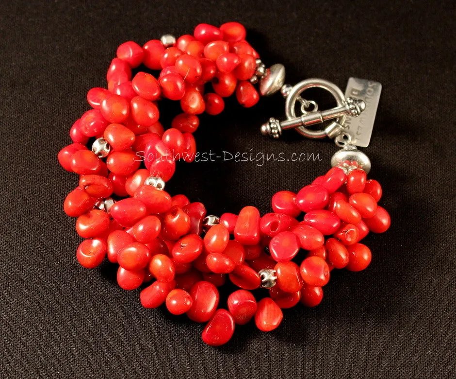 5-Strand Bamboo Coral Petal Bracelet with Sterling Silver Beads and Findings