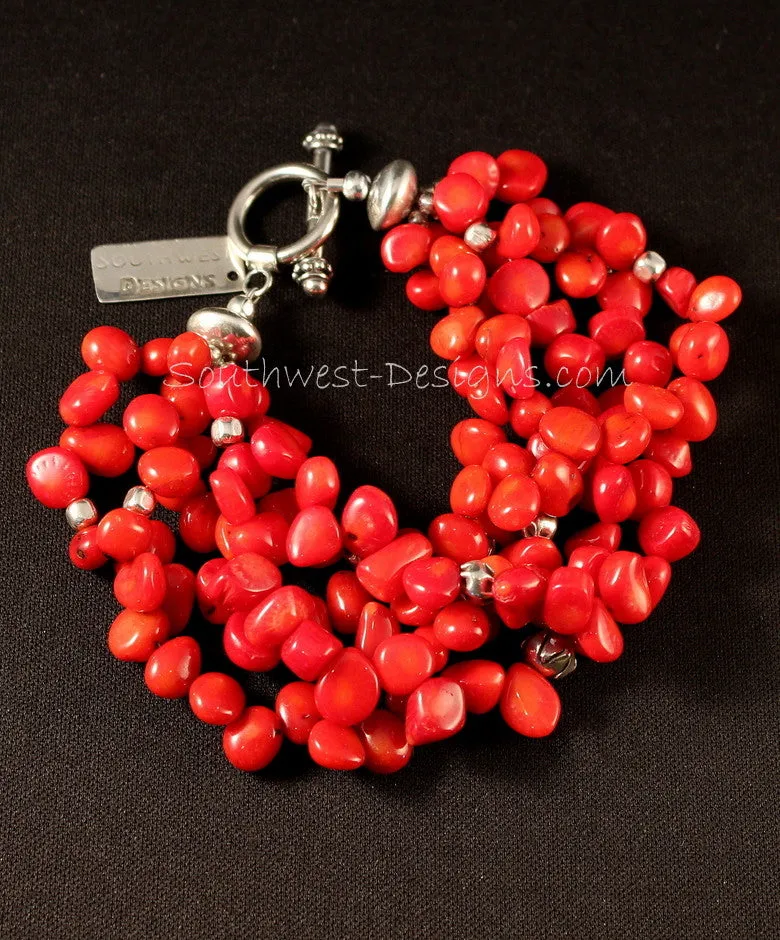 5-Strand Bamboo Coral Petal Bracelet with Sterling Silver Beads and Findings