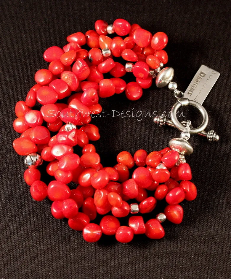 5-Strand Bamboo Coral Petal Bracelet with Sterling Silver Beads and Findings