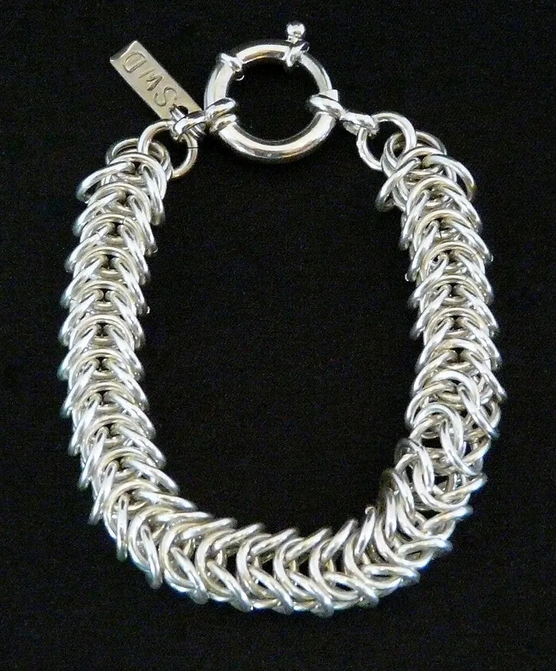 8.6mm Sterling Silver Byzantine Box Link Bracelet with 18mm Sterling Spring Ring Clasp