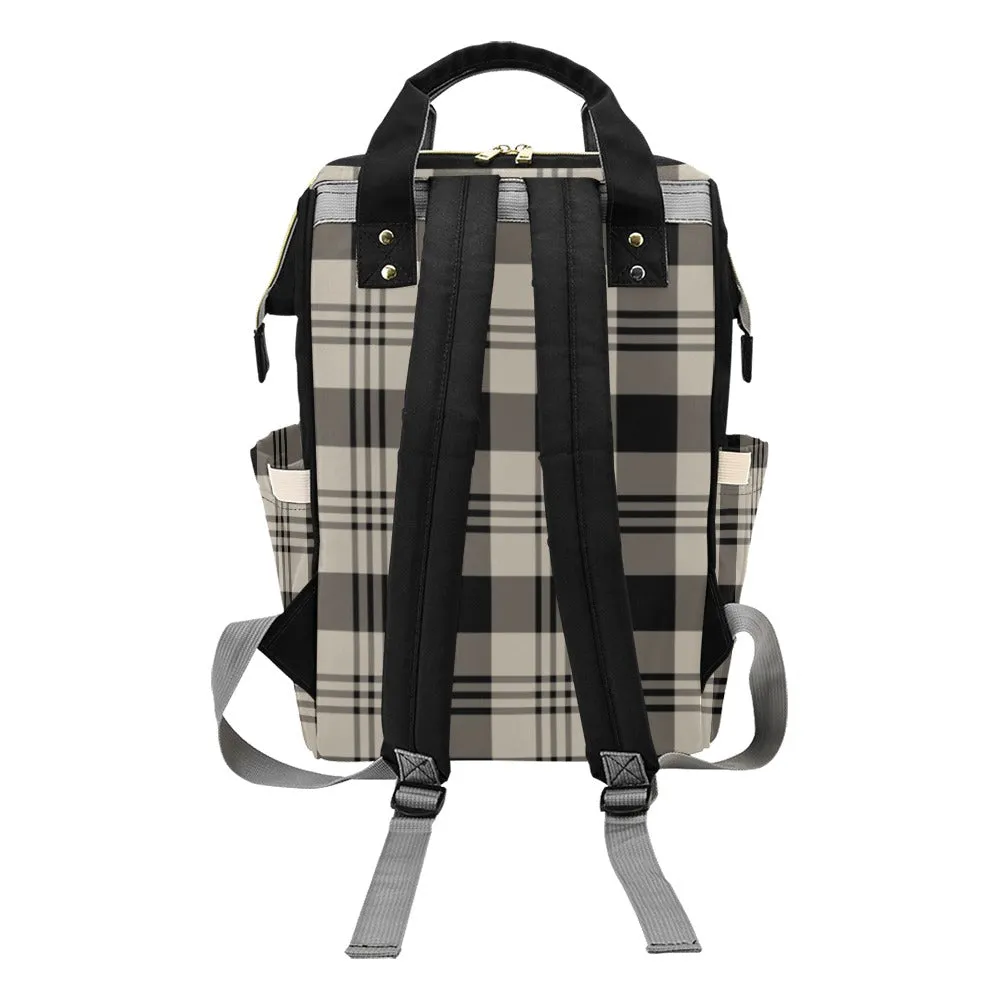 Beige Plaid Diaper Bag Backpack, Tartan Black Grey Check Baby Boy Girl Waterproof Insulated Pockets Stylish Mom Dad Designer Men Women Large