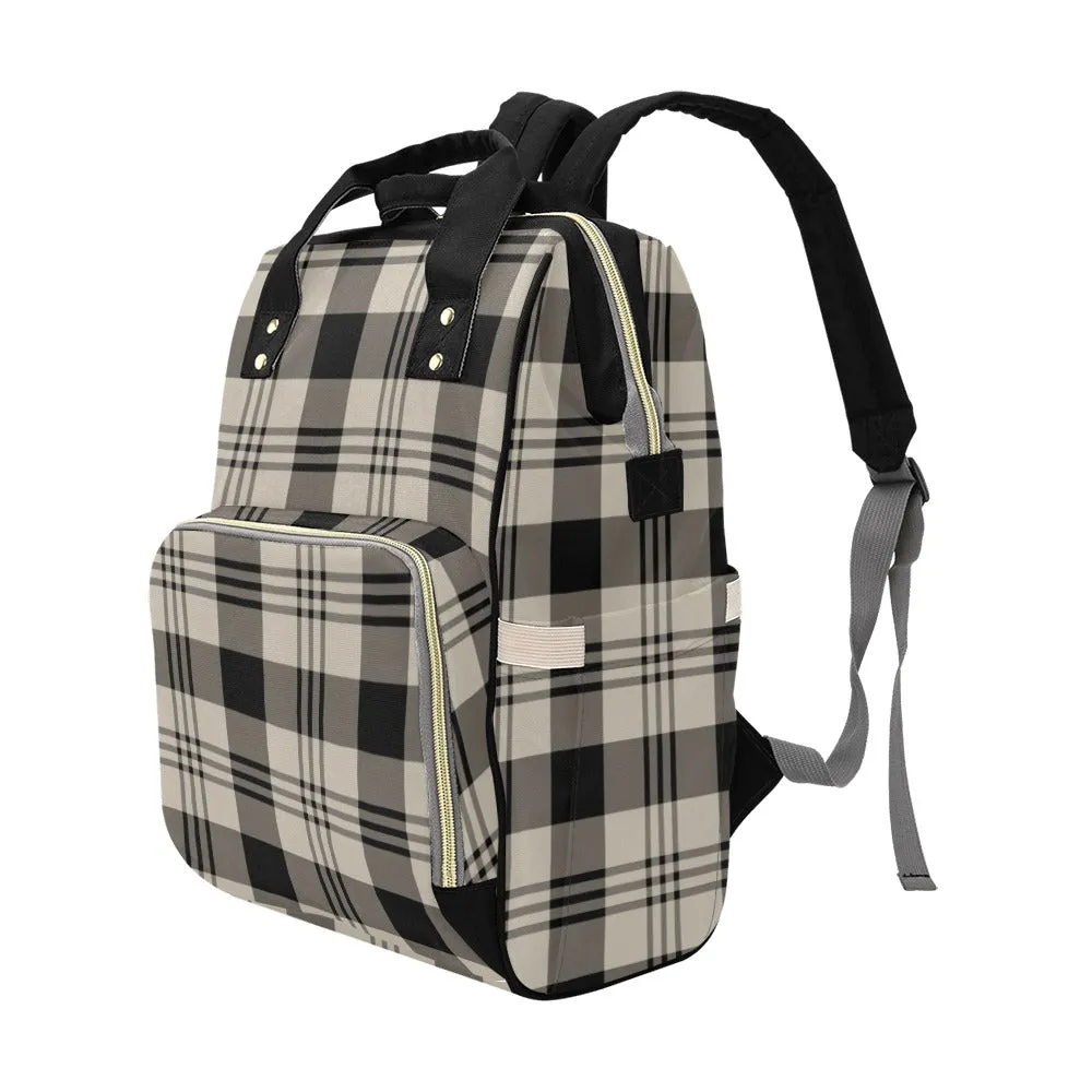 Beige Plaid Diaper Bag Backpack, Tartan Black Grey Check Baby Boy Girl Waterproof Insulated Pockets Stylish Mom Dad Designer Men Women Large