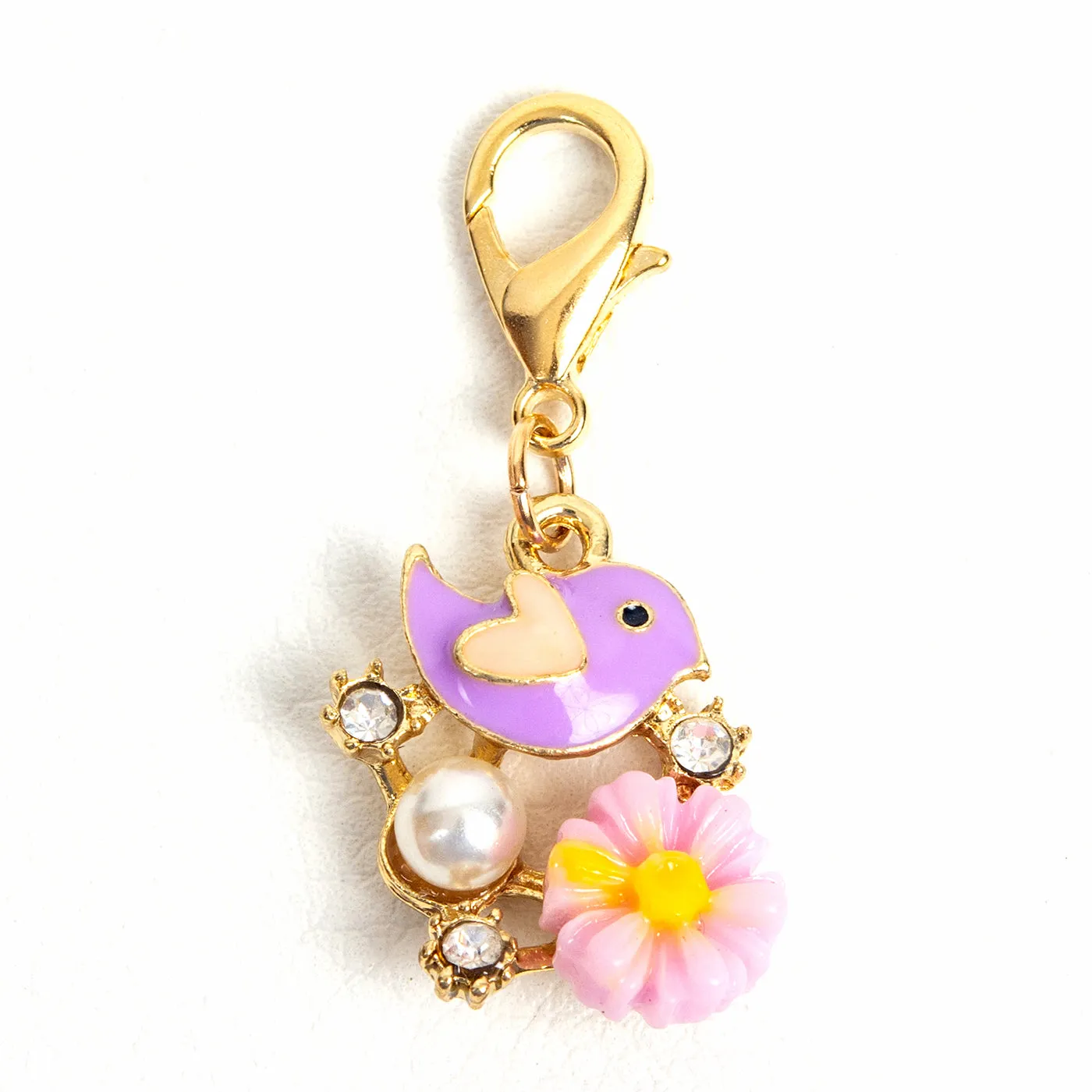 Bird and Flower Charm with Rhinestone and Pearl Accents