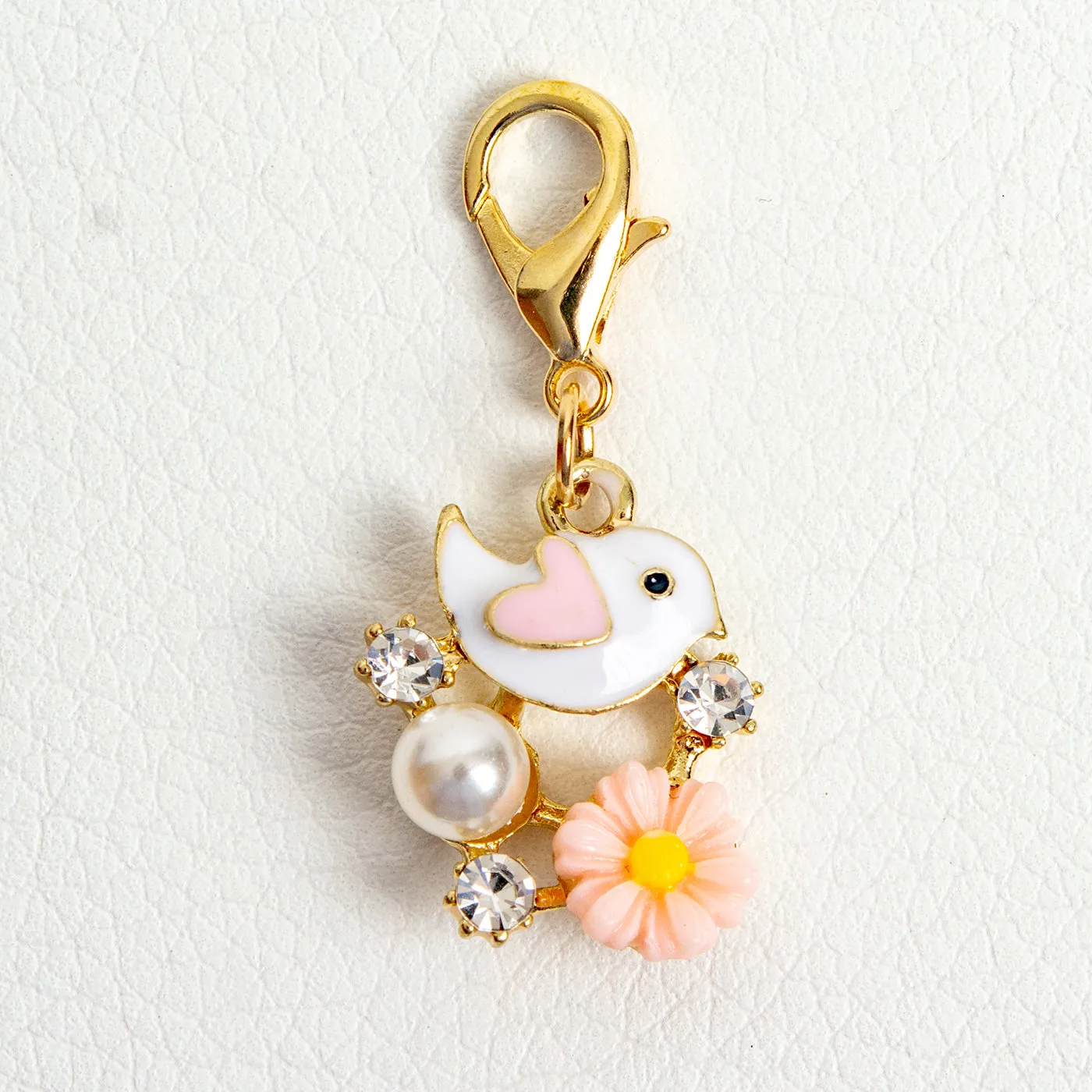 Bird and Flower Charm with Rhinestone and Pearl Accents