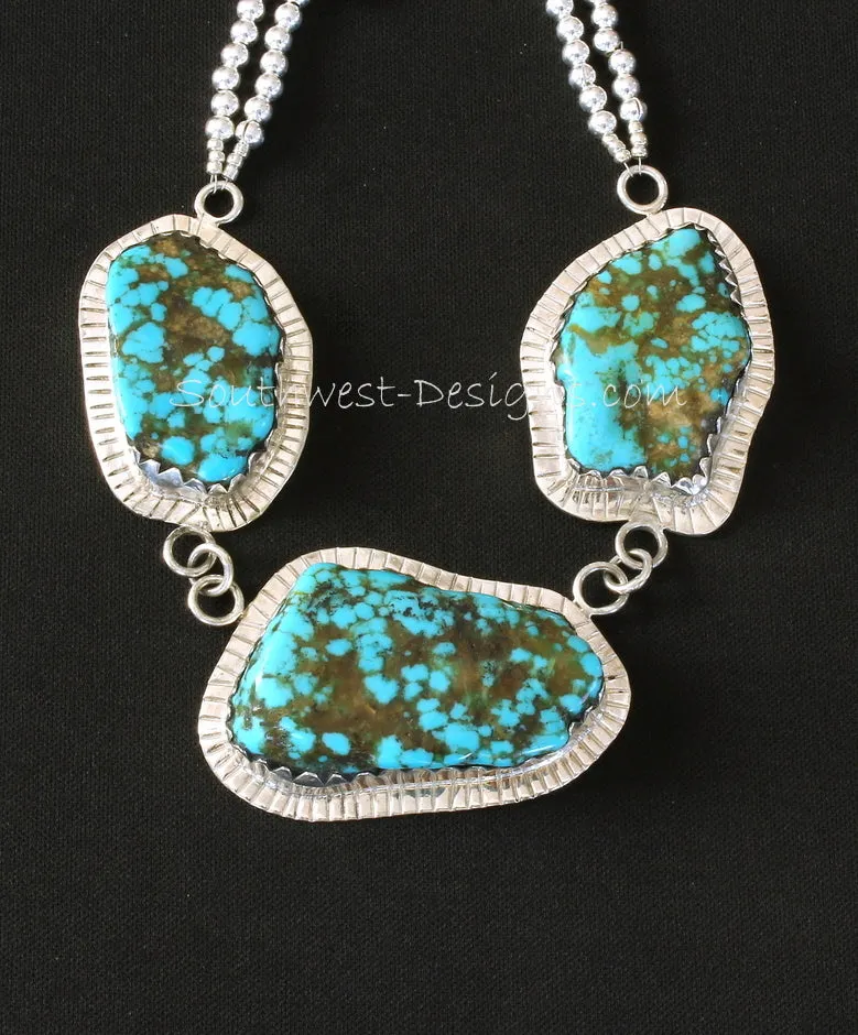 Blue Vein Turquoise and Sterling Silver 3-Pendant Necklace with 2 Strands of Sterling Silver Rounds, Sterling Cones & Toggle Clasp