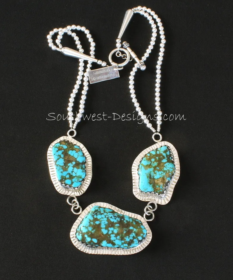 Blue Vein Turquoise and Sterling Silver 3-Pendant Necklace with 2 Strands of Sterling Silver Rounds, Sterling Cones & Toggle Clasp