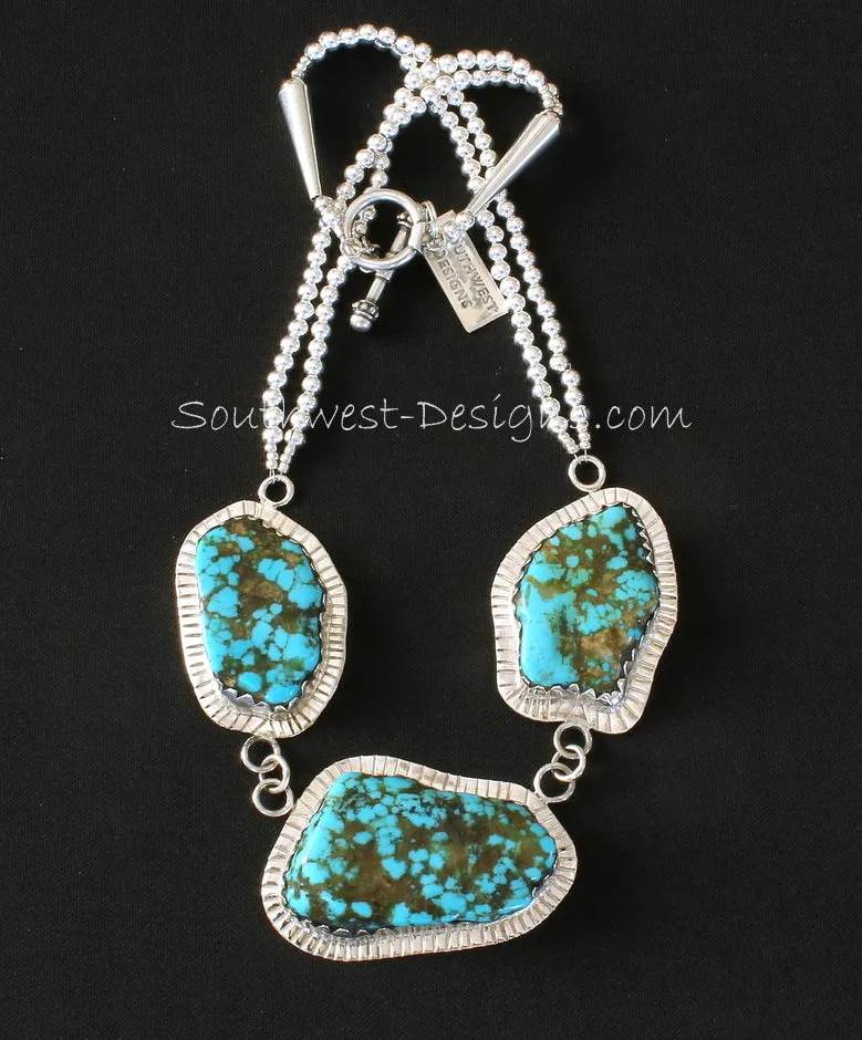 Blue Vein Turquoise and Sterling Silver 3-Pendant Necklace with 2 Strands of Sterling Silver Rounds, Sterling Cones & Toggle Clasp