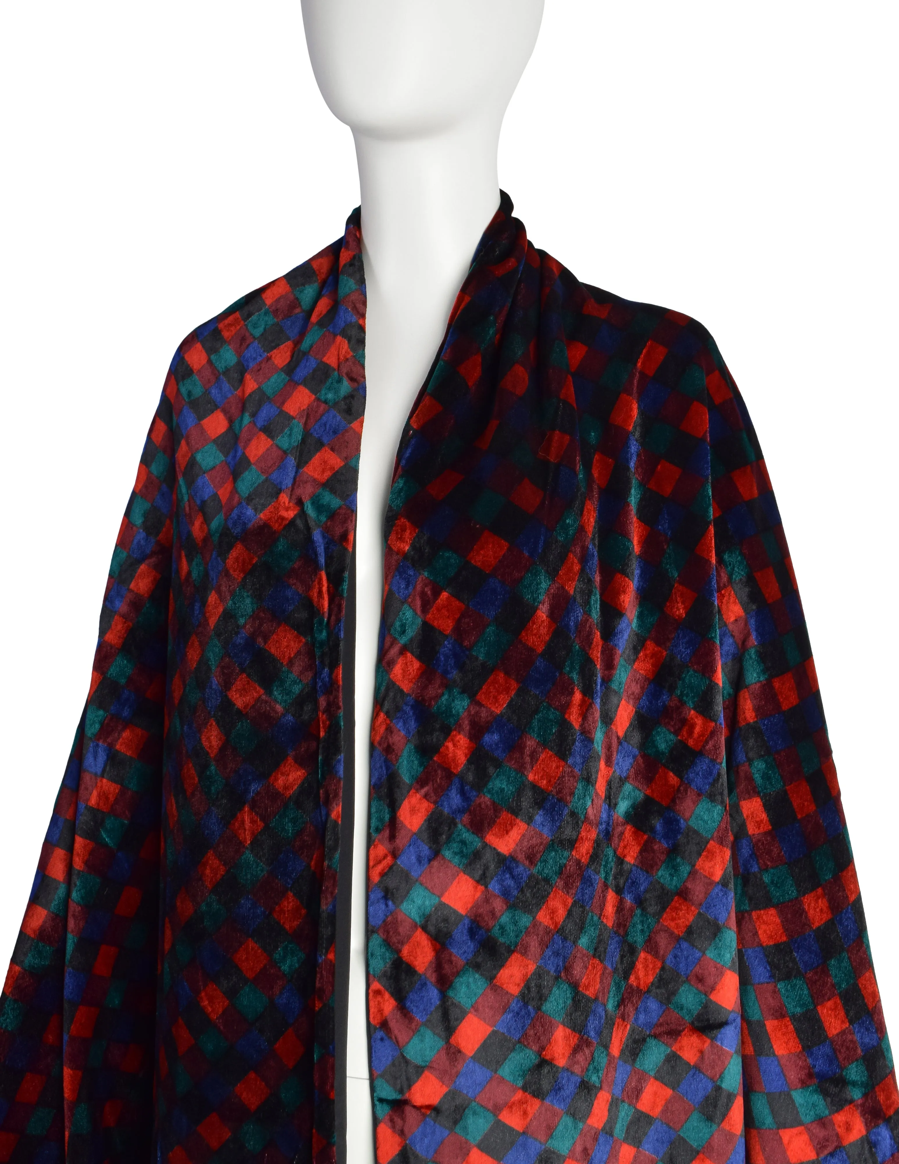 Bottega Veneta Vintage Black Red Blue Green Trompe L'oeil Intrecciato Quilted Velvet Coat and Shawl Set