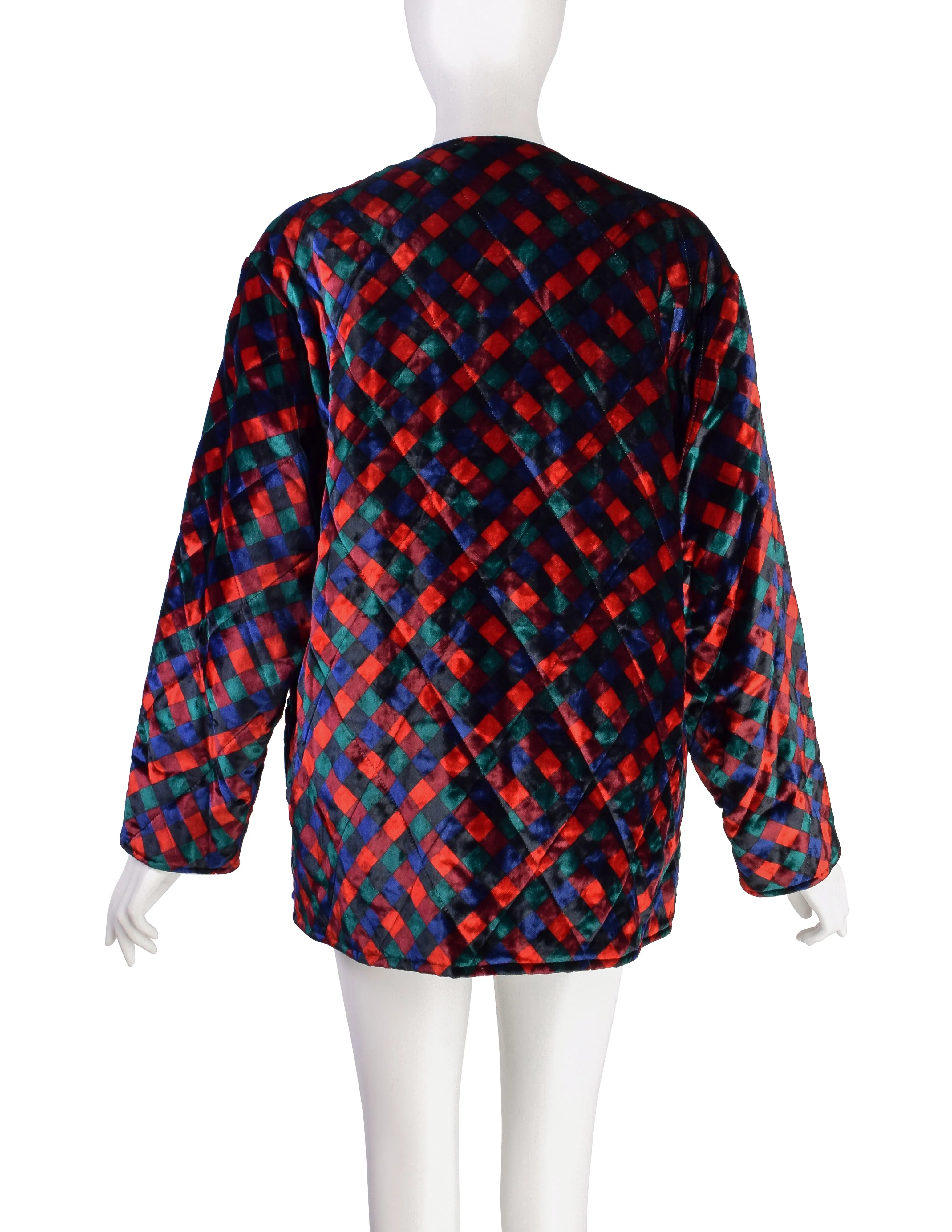 Bottega Veneta Vintage Black Red Blue Green Trompe L'oeil Intrecciato Quilted Velvet Coat and Shawl Set