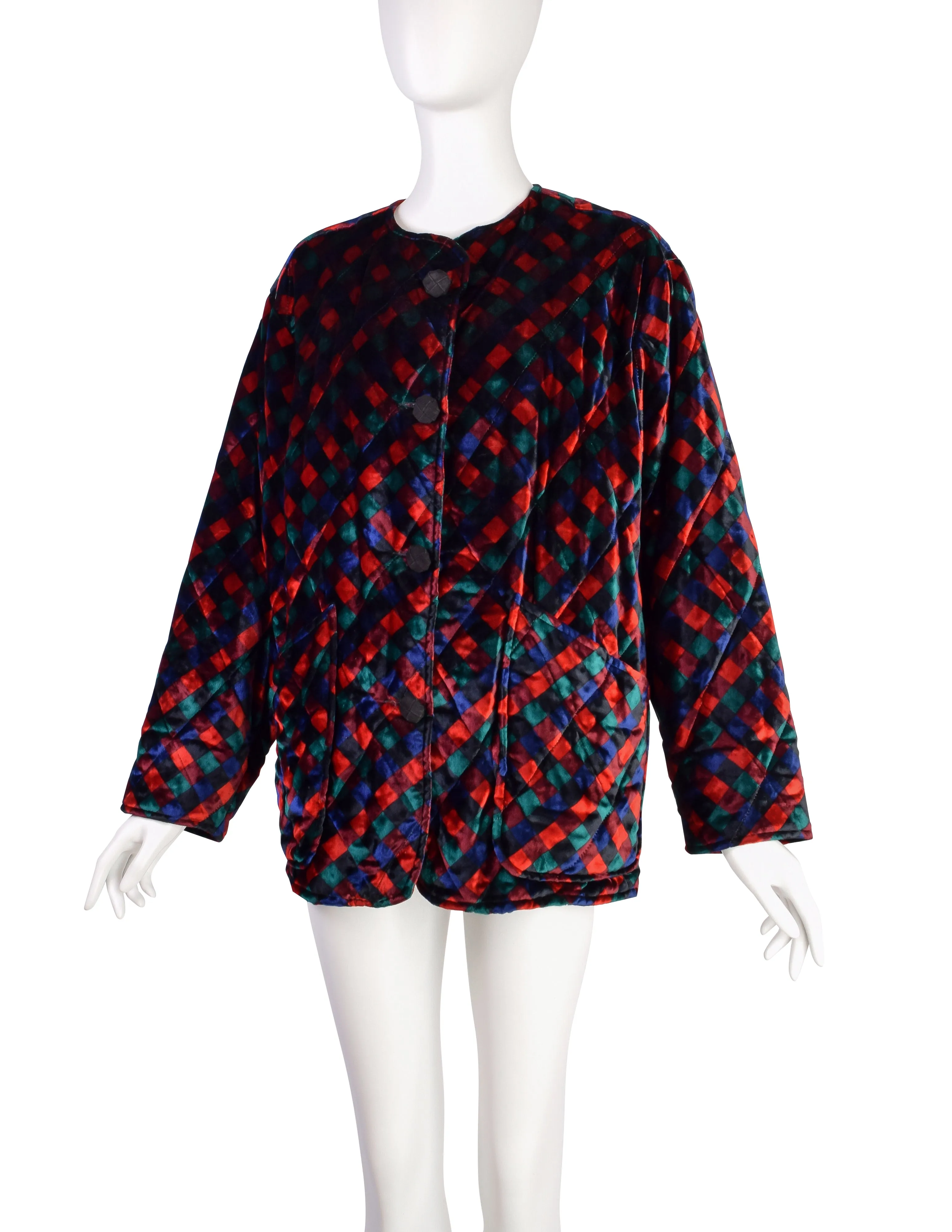 Bottega Veneta Vintage Black Red Blue Green Trompe L'oeil Intrecciato Quilted Velvet Coat and Shawl Set