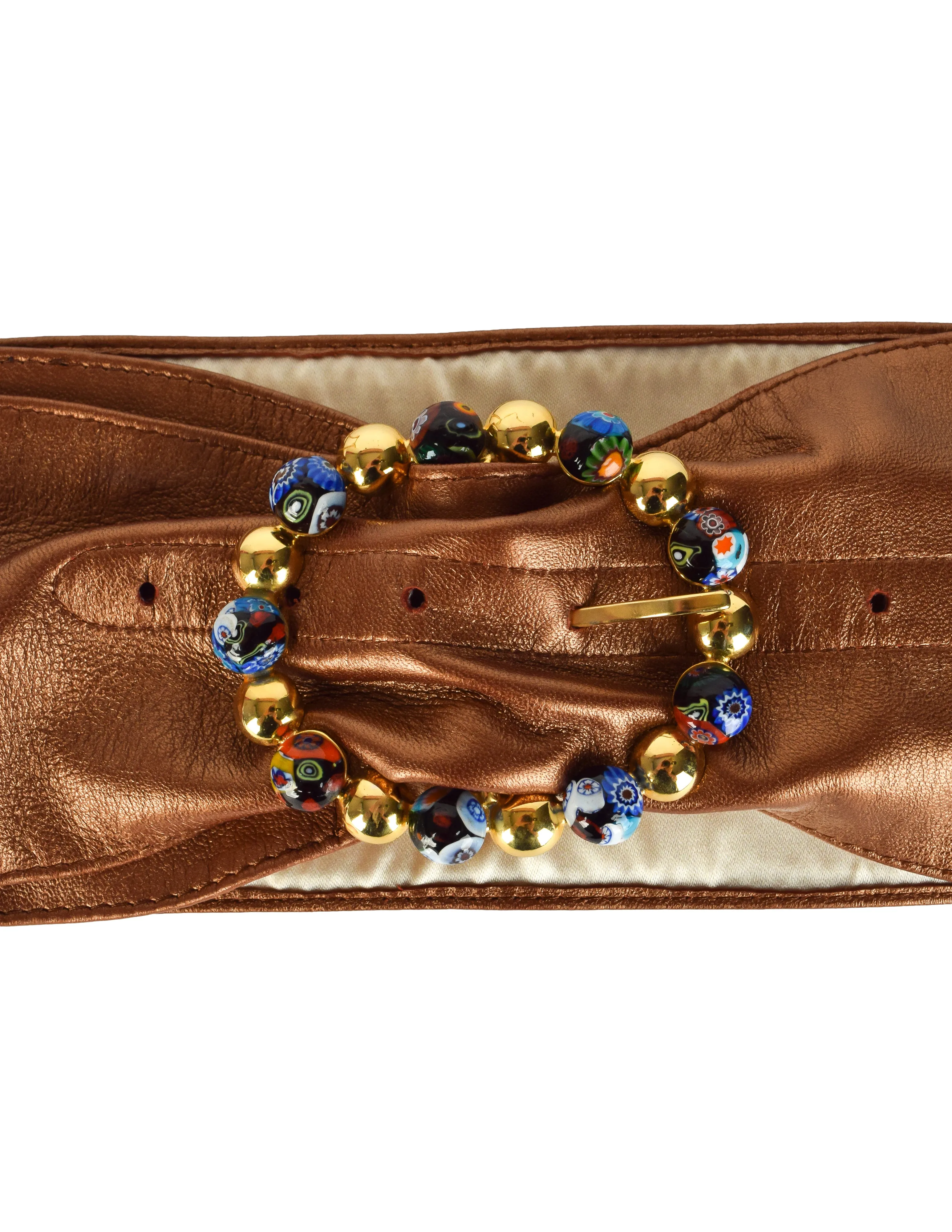 Bottega Veneta Vintage Bronze Leather Millefiori Embellished Buckle Belt