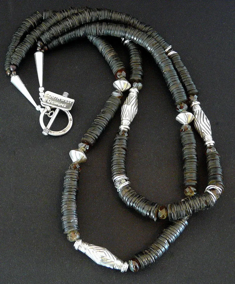 Coconut Shell Heishi 2-Strand Necklace with Czech Glass and Ornate Sterling Silver