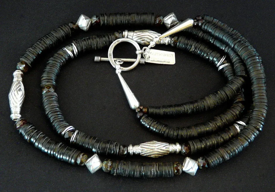 Coconut Shell Heishi 2-Strand Necklace with Czech Glass and Ornate Sterling Silver