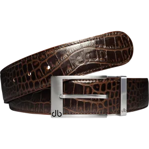 Dark Brown Crocodile Textured Leather Belt with Prong Buckle