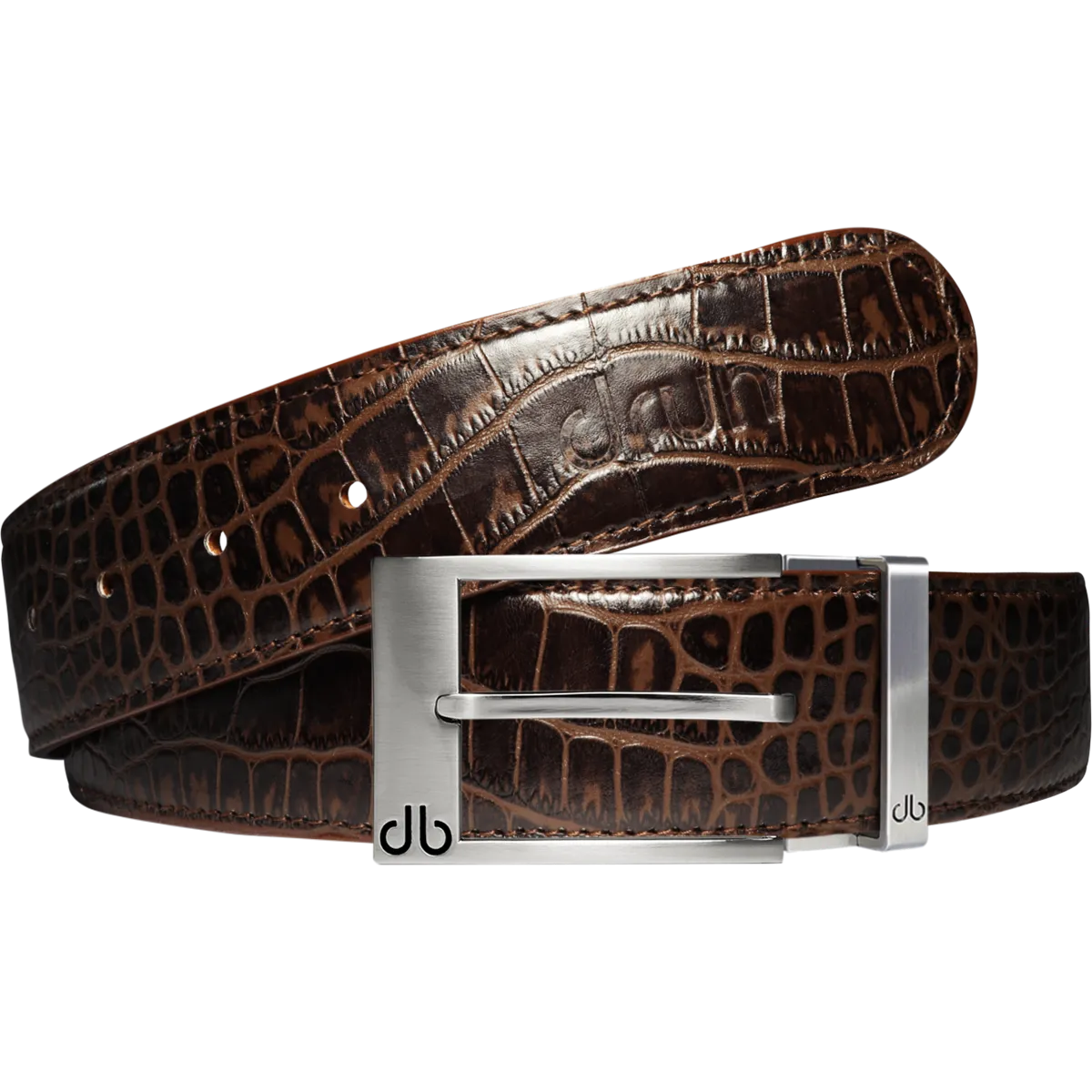 Dark Brown Crocodile Textured Leather Belt with Prong Buckle