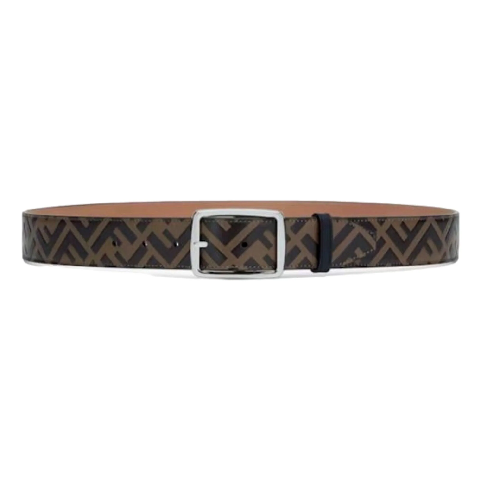 Fendi FF Zucca Monogram Buckle Belt Size 90 Brown Calf Leather Silver