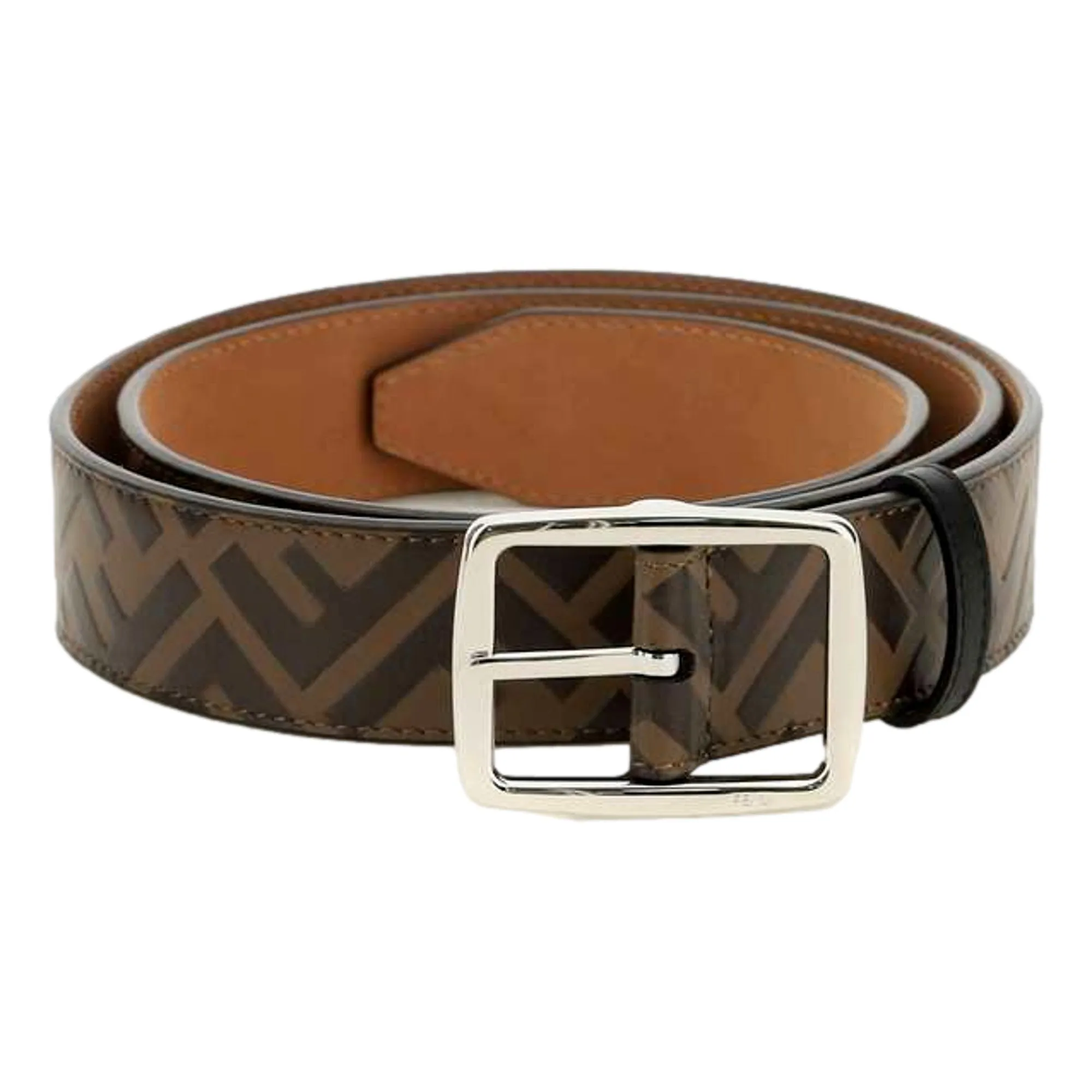 Fendi FF Zucca Monogram Buckle Belt Size 90 Brown Calf Leather Silver