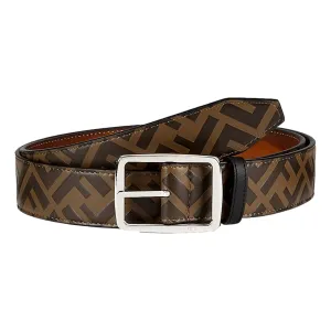 Fendi FF Zucca Monogram Buckle Belt Size 90 Brown Calf Leather Silver