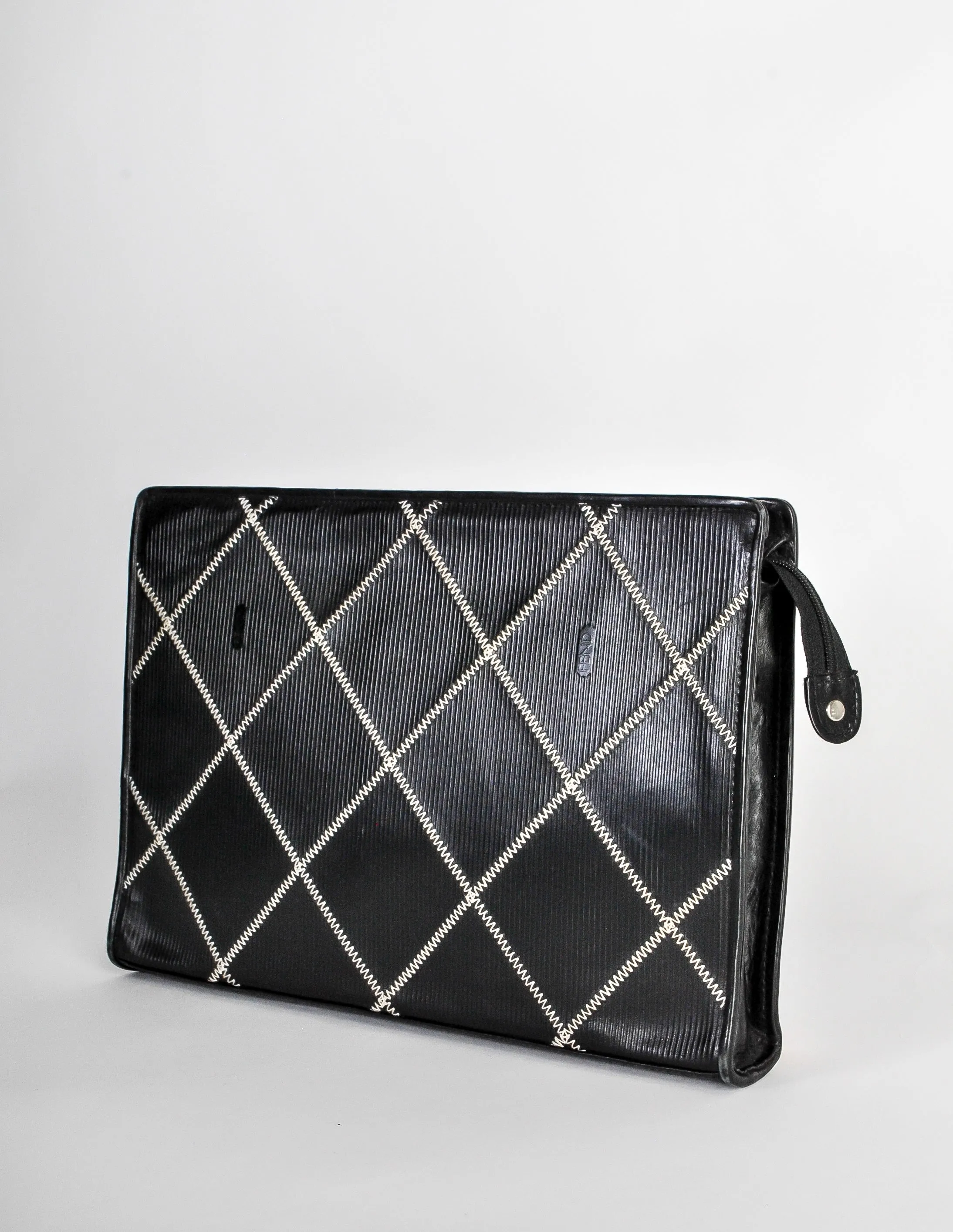 Fendi Vintage Black Ribbed Leather Contract Stitch Portfolio Clutch Bag