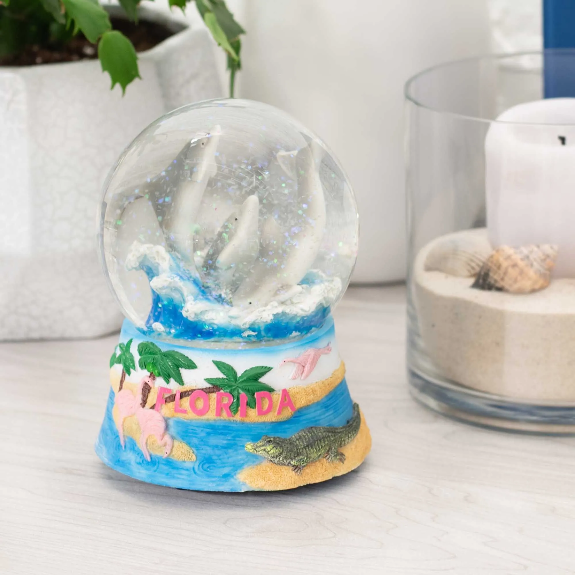 Florida Dolphins Figurine 100MM Snow Globe Plays Tune By the Beautiful Sea