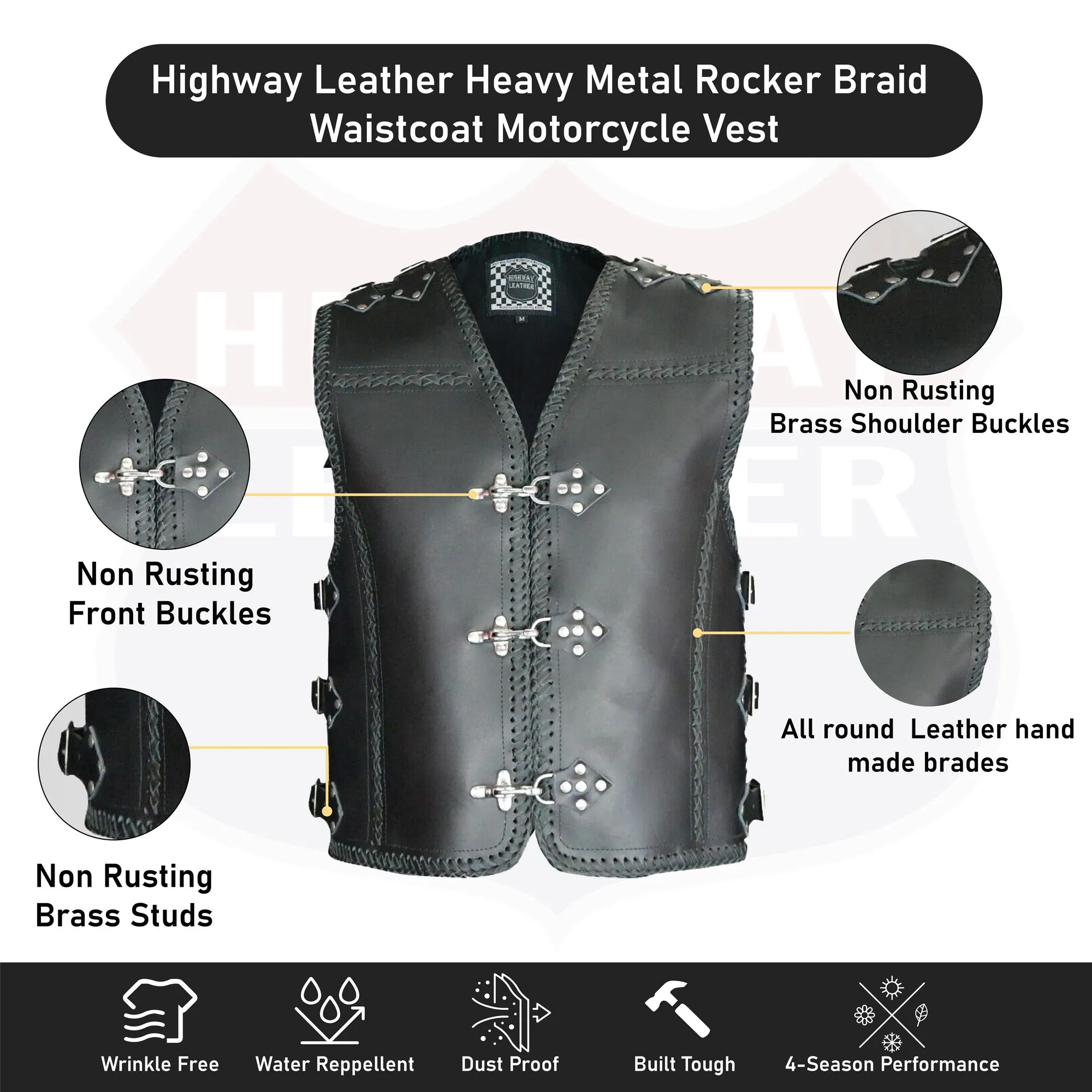 Heavy Metal Rocker Braid Waistcoat Motorcycle Vest SKU # HL11751