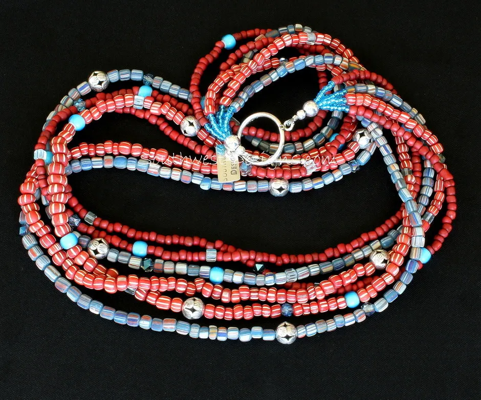 Indonesian Glass 6-Strand Necklace with White Heart Beads, Fire Polished Glass, Crystal Cubes and Sterling Silver