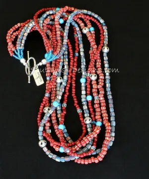 Indonesian Glass 6-Strand Necklace with White Heart Beads, Fire Polished Glass, Crystal Cubes and Sterling Silver