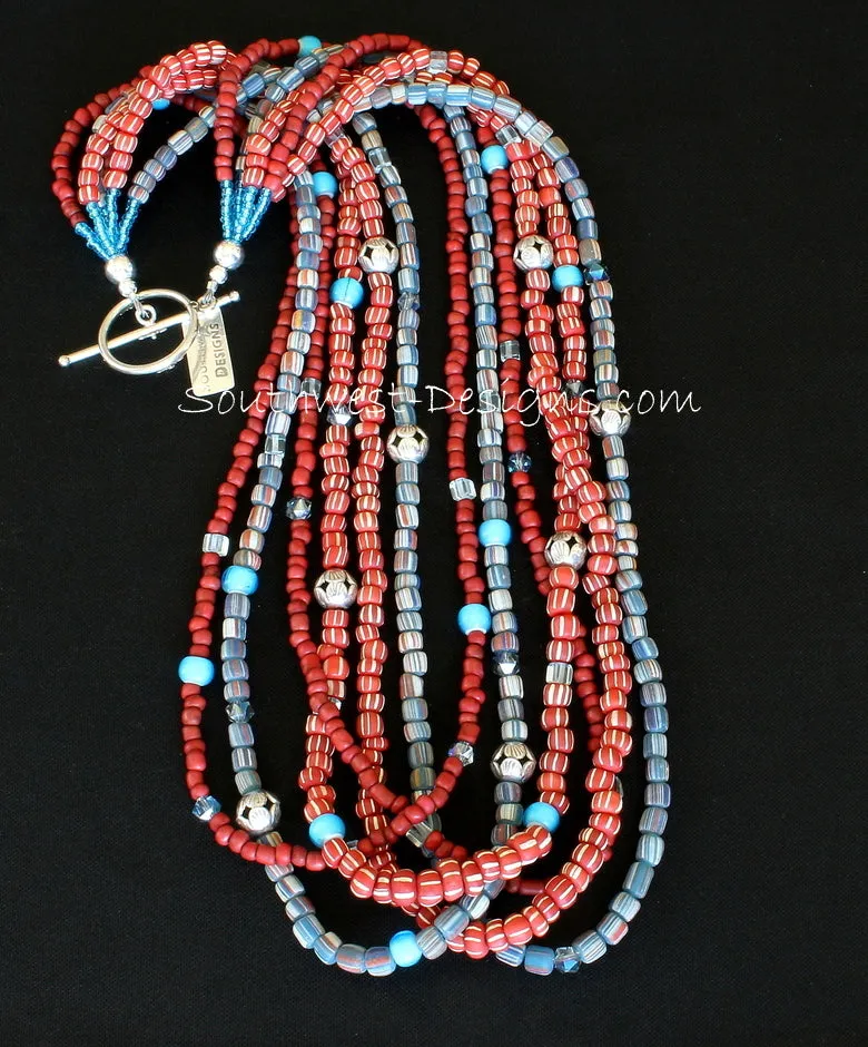 Indonesian Glass 6-Strand Necklace with White Heart Beads, Fire Polished Glass, Crystal Cubes and Sterling Silver