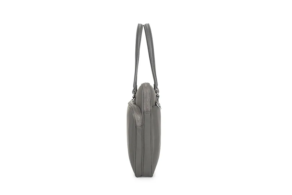 LIGHTWEIGHT GREY MULTI COMPARTMENT LAPTOP HANDBAG WITH LONG SHOULDER STRAP