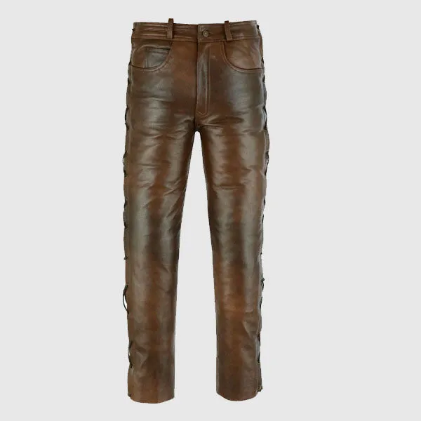 Premium Quality Brown Jean Style Motorcycle Biker Leather Pants Trousers With Side Laces