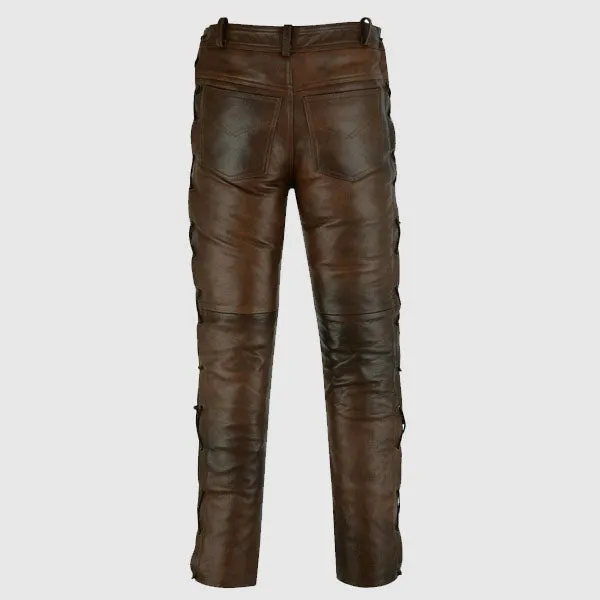 Premium Quality Brown Jean Style Motorcycle Biker Leather Pants Trousers With Side Laces