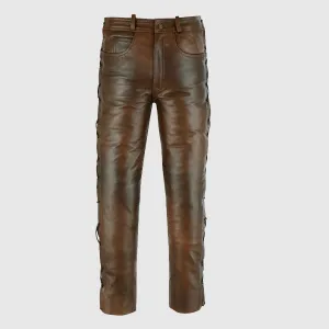 Premium Quality Brown Jean Style Motorcycle Biker Leather Pants Trousers With Side Laces