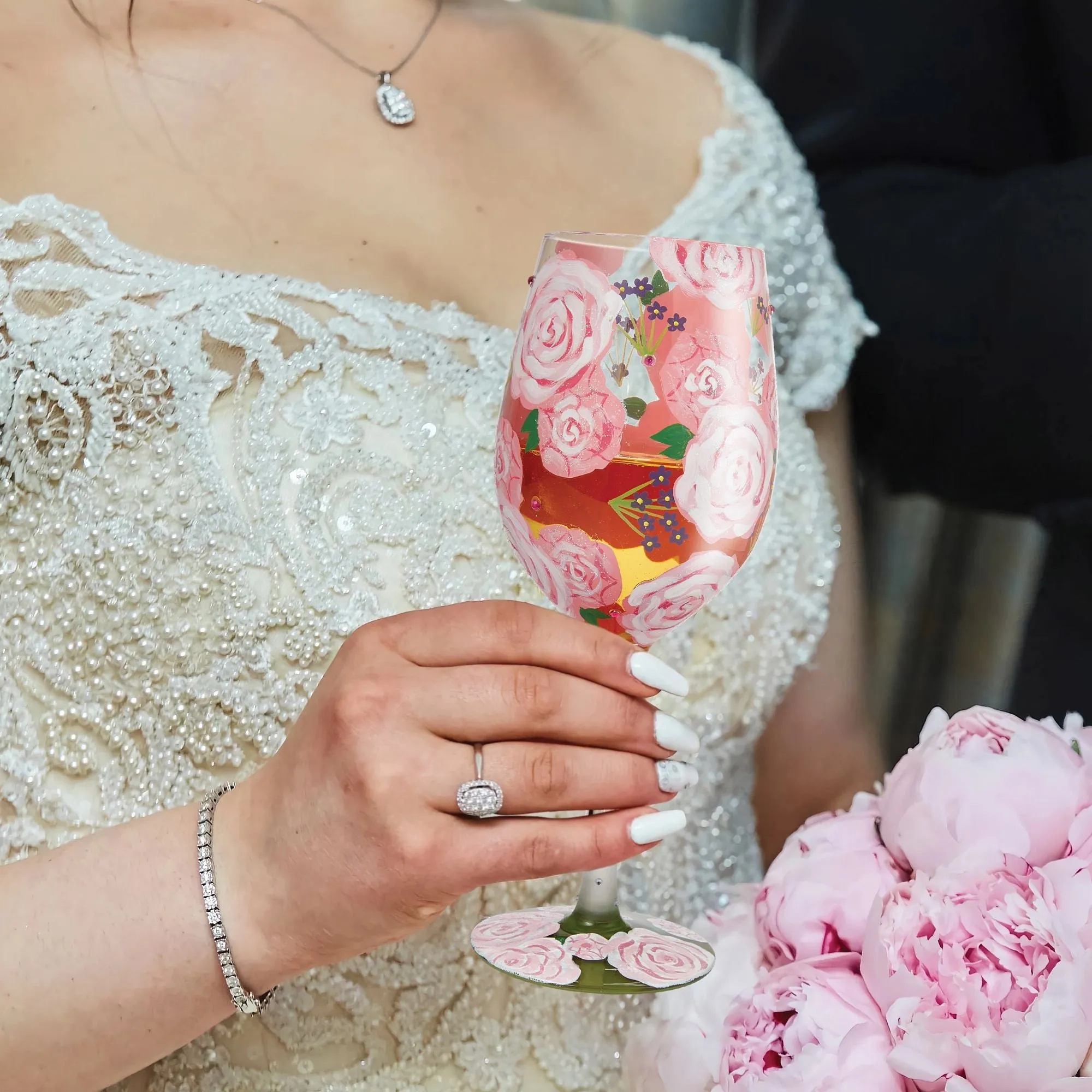 Pretty as a Peony Hand Painted Wine Glass