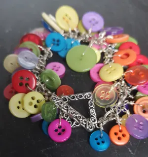 "Button me up" cute & fun cluster charm bracelet made with a rainbow of buttons,