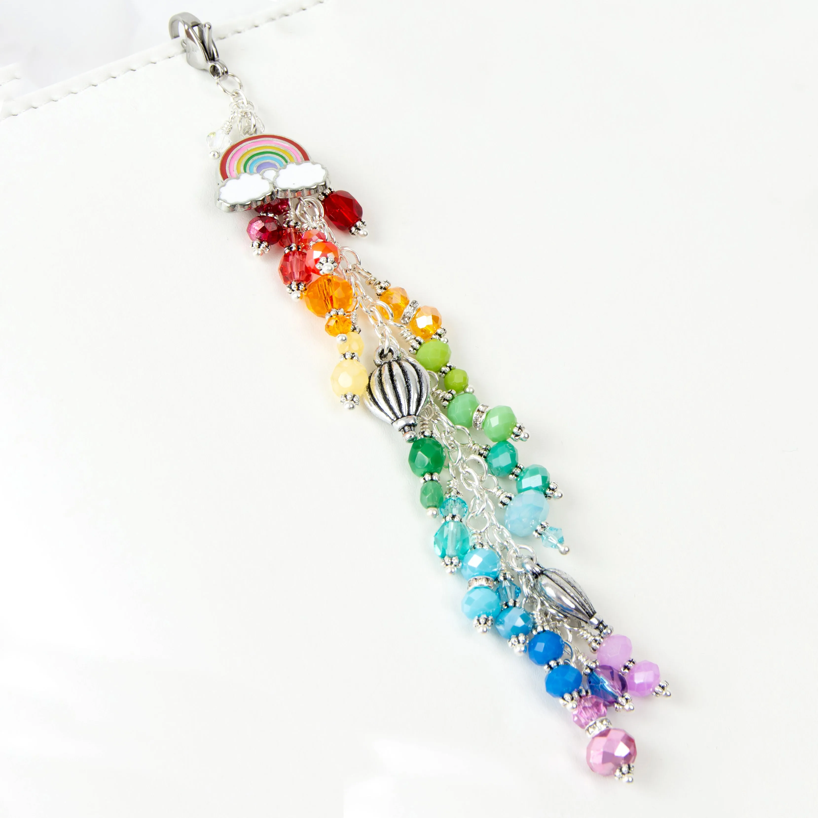 Rainbow and Hot Air Balloon Planner Charm with Rainbow Dangle and Silver Toned Hardware