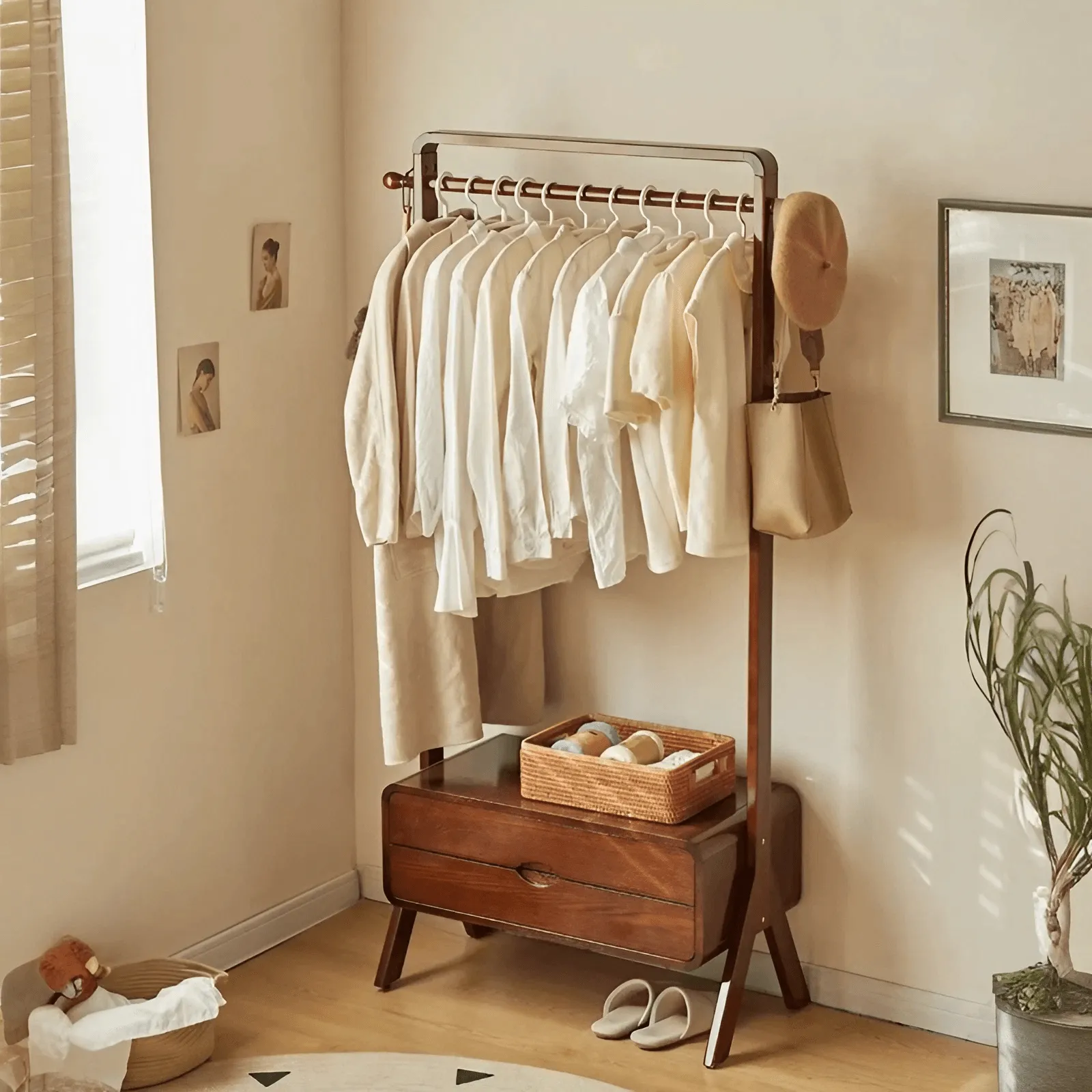 Solid Wood Floor-Standing Clothes Hanger With Two Drawers,Multi-Functional Clothes Storage Rack Coat Rack