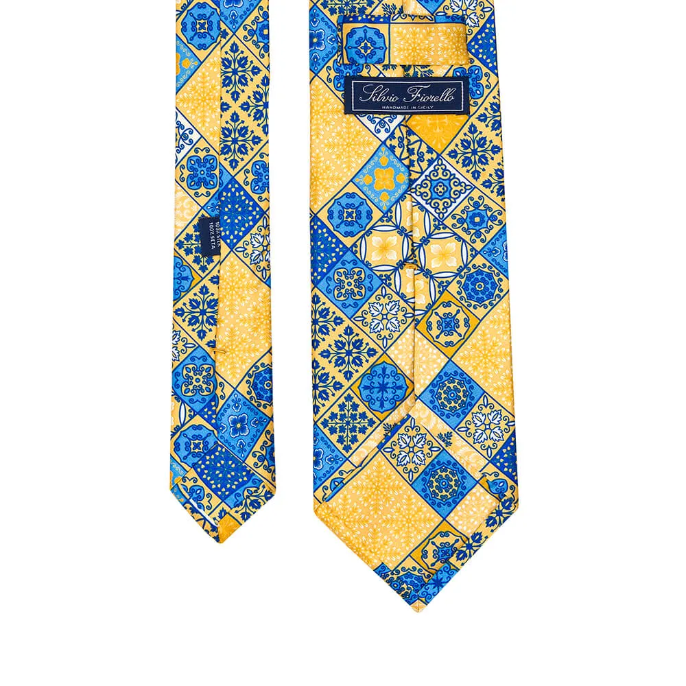 The Taormina Mosaic Yellow and Blue Duchesse Silk Tie