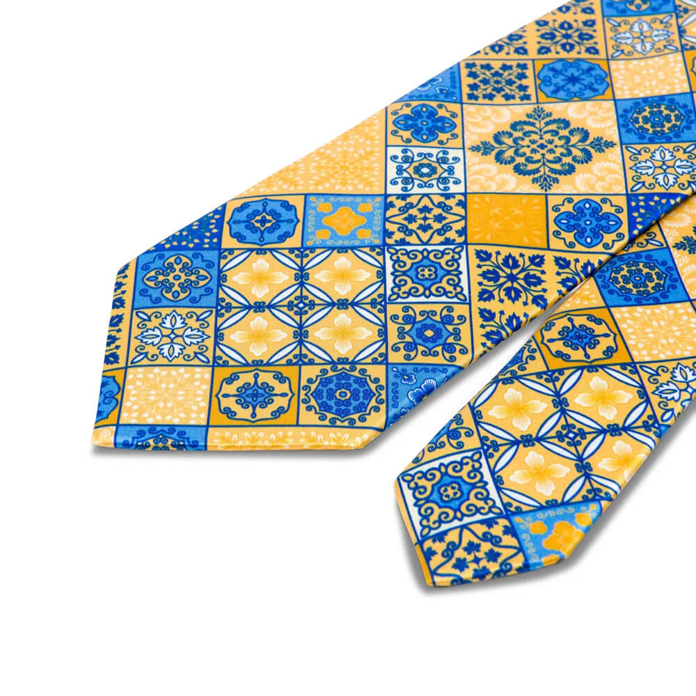 The Taormina Mosaic Yellow and Blue Duchesse Silk Tie