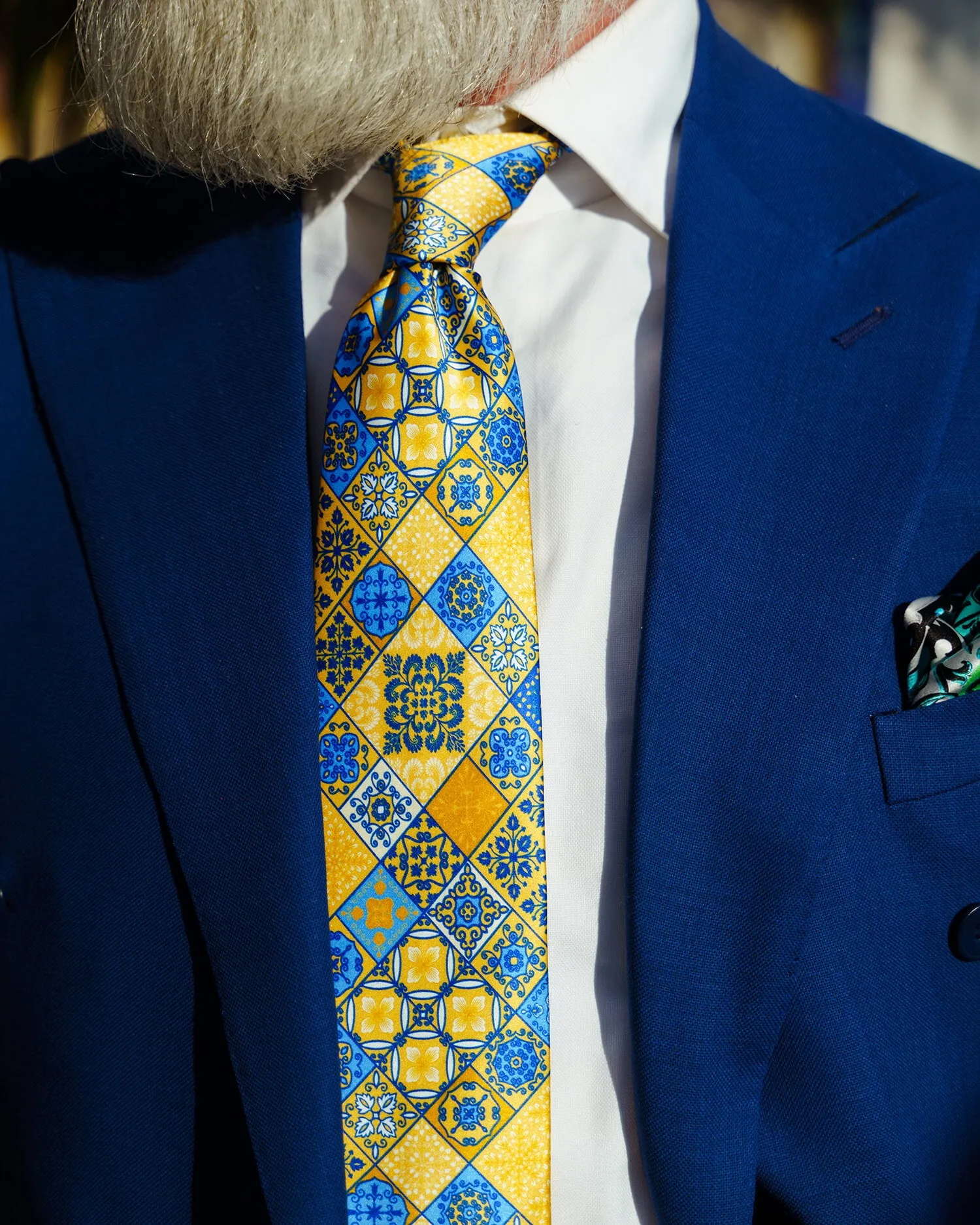 The Taormina Mosaic Yellow and Blue Duchesse Silk Tie